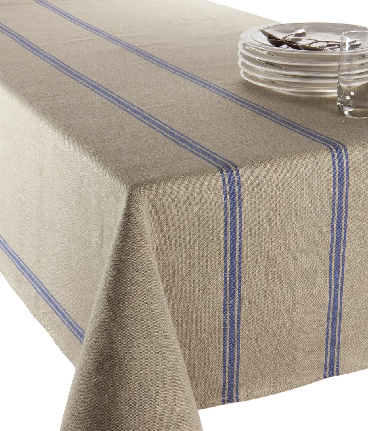 Large 100% French Linen Tablecloth Grain Stripe Bleu Naturel