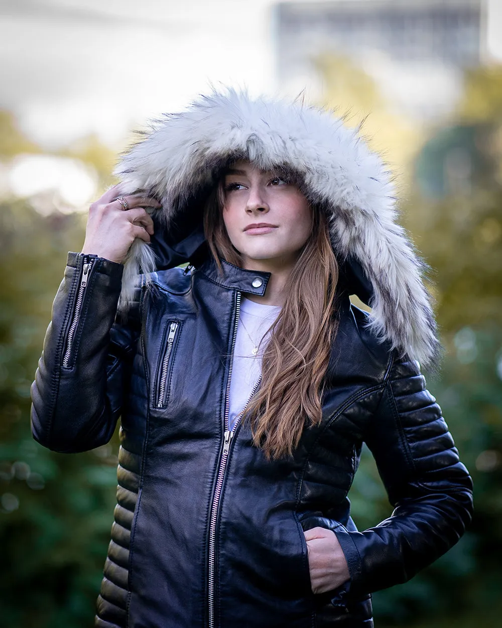 Larissa's Black Leather Jacket with Hoodie and Fur Trim