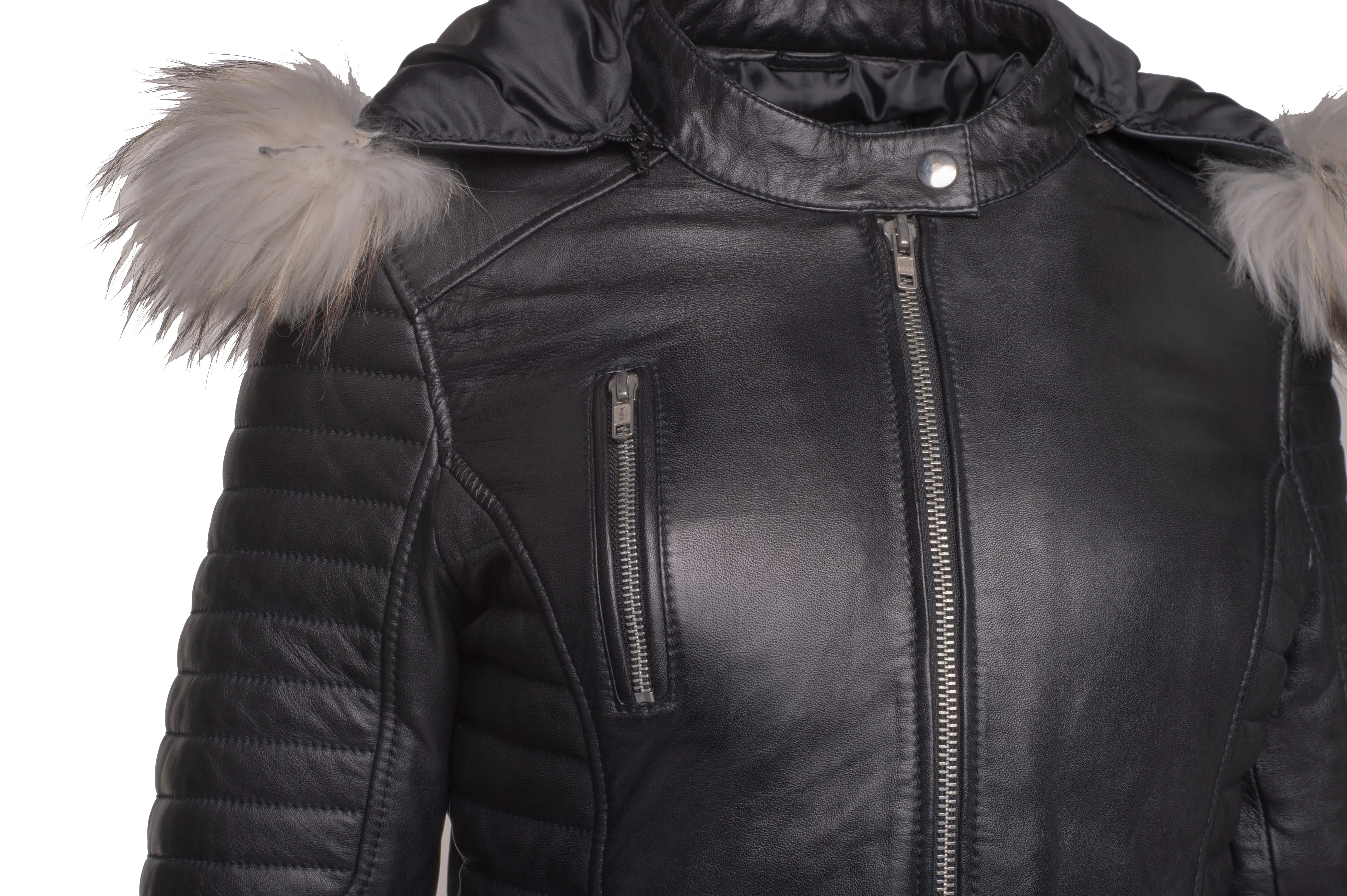 Larissa's Black Leather Jacket with Hoodie and Fur Trim