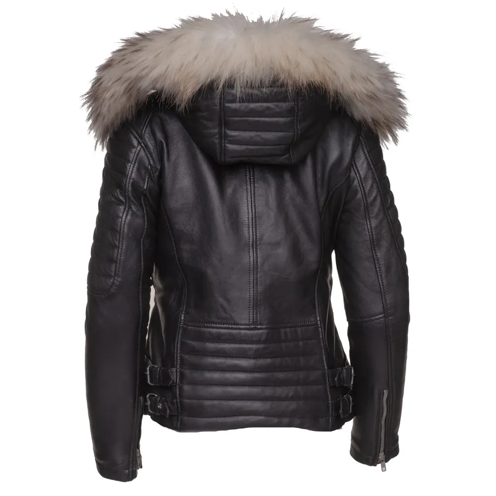 Larissa's Black Leather Jacket with Hoodie and Fur Trim