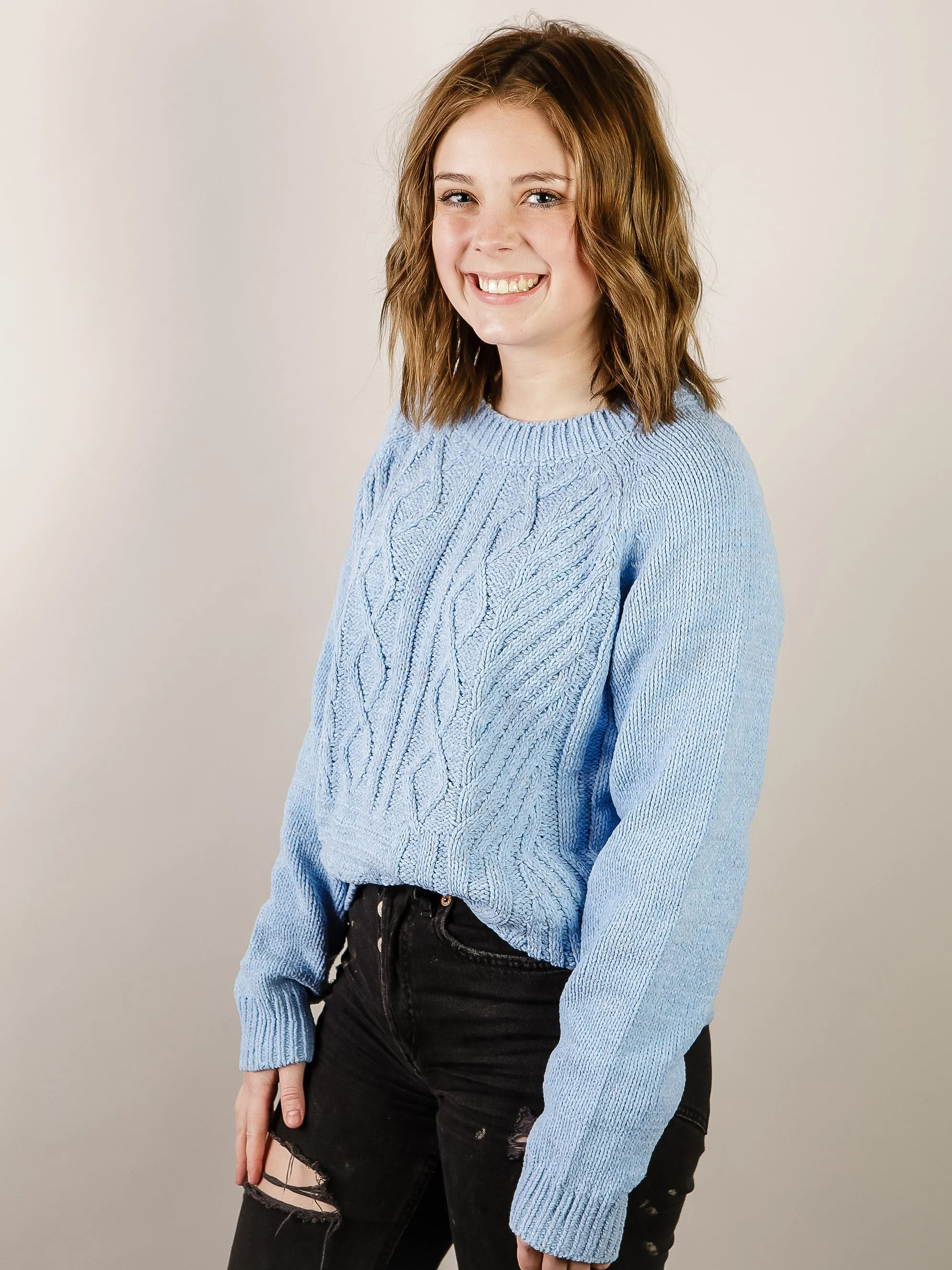 Light Blue Cable Knit Chenille Sweater