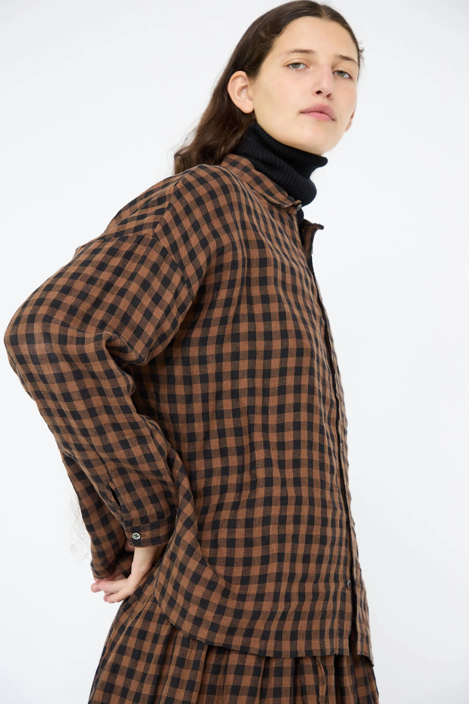 Linen Gingham Check Shirt in Brown