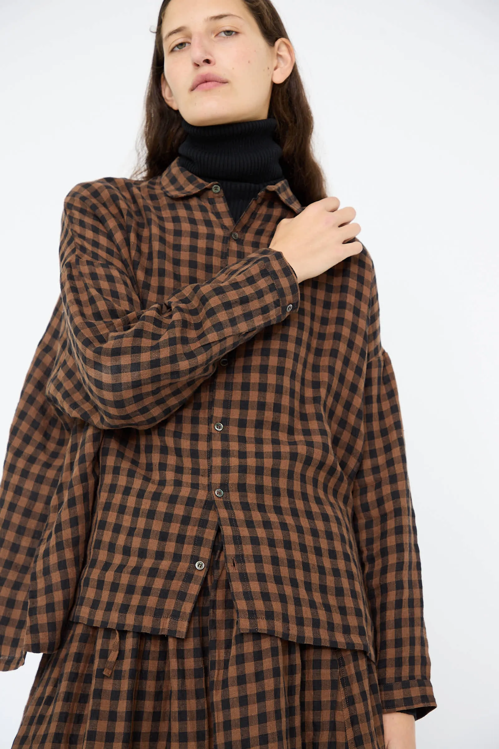 Linen Gingham Check Shirt in Brown