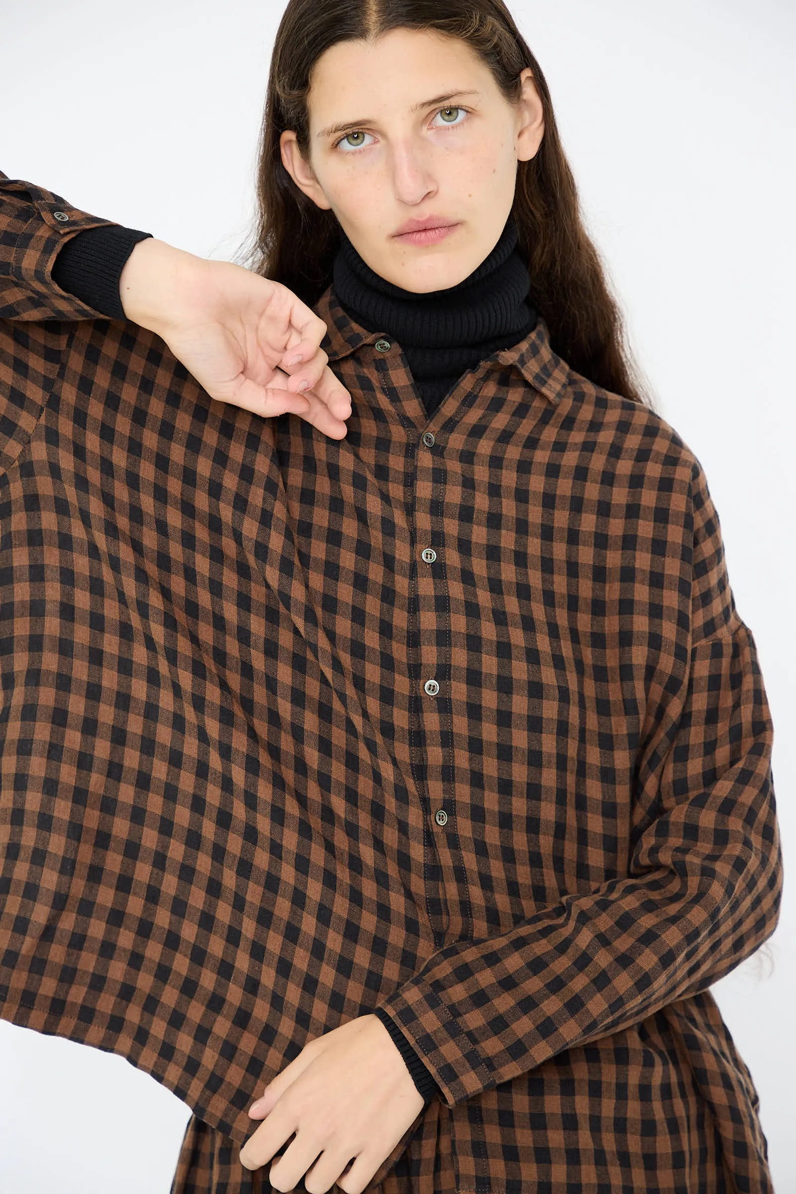 Linen Gingham Check Shirt in Brown