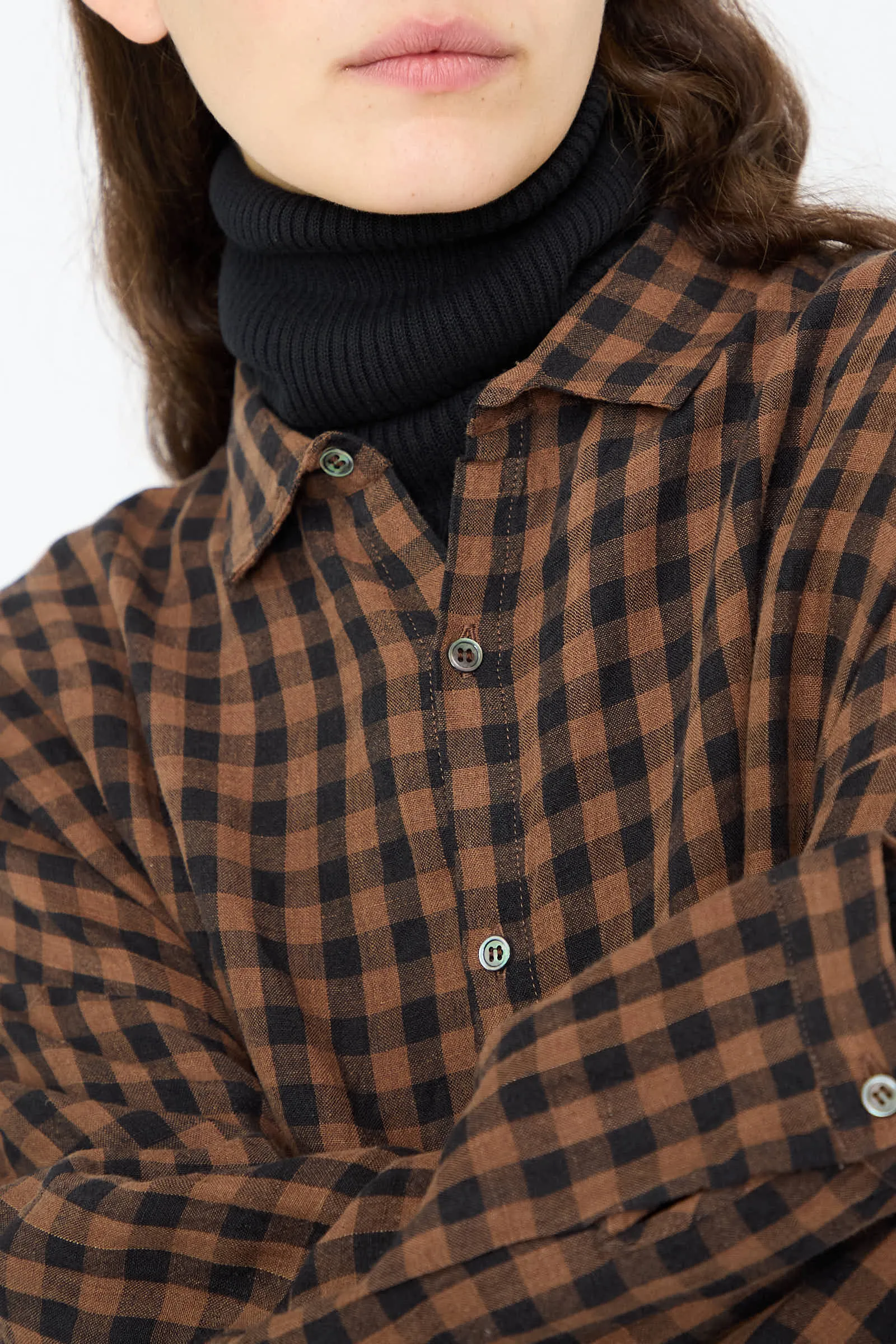 Linen Gingham Check Shirt in Brown