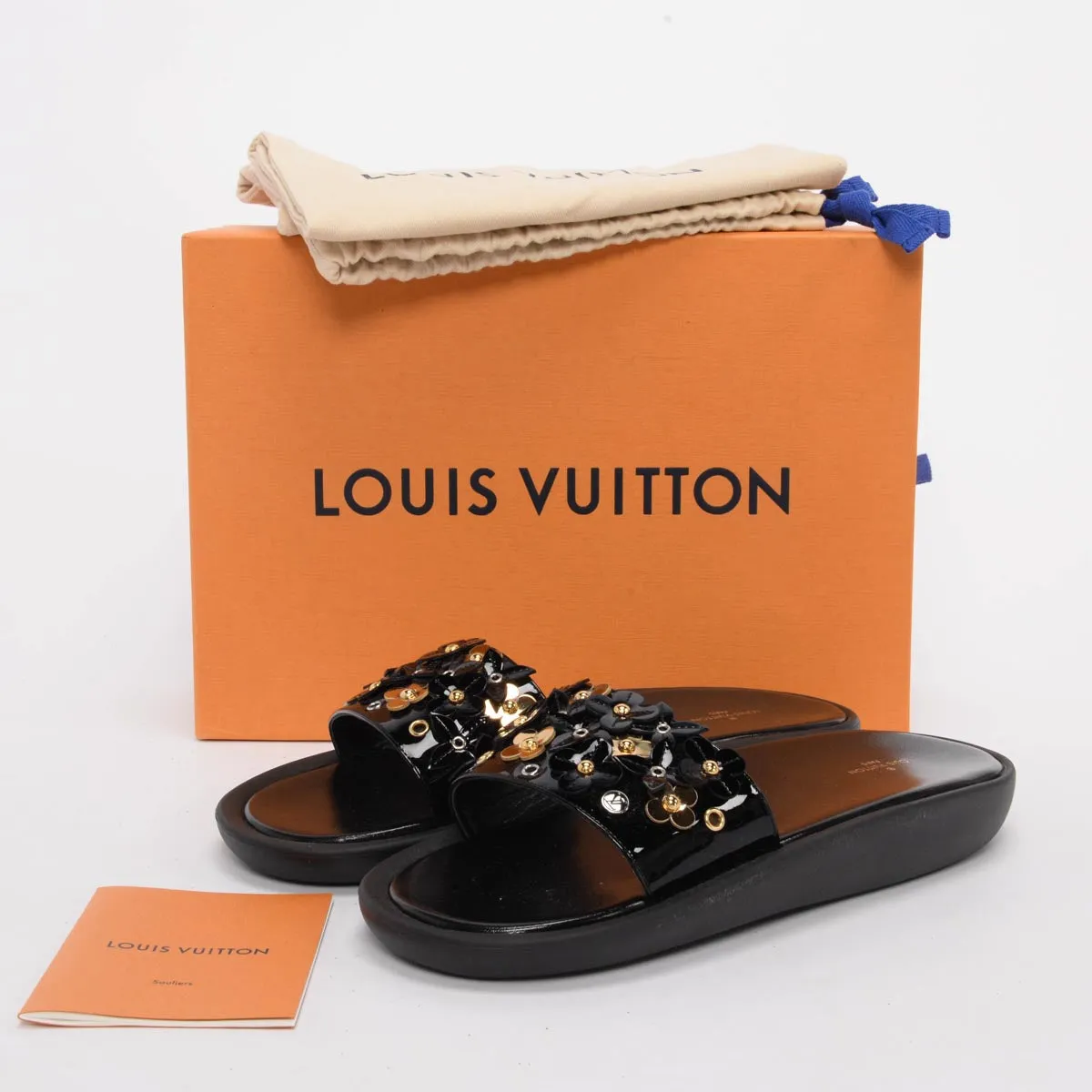 Louis Vuitton Black Patent Sunbath Flower Slides 40