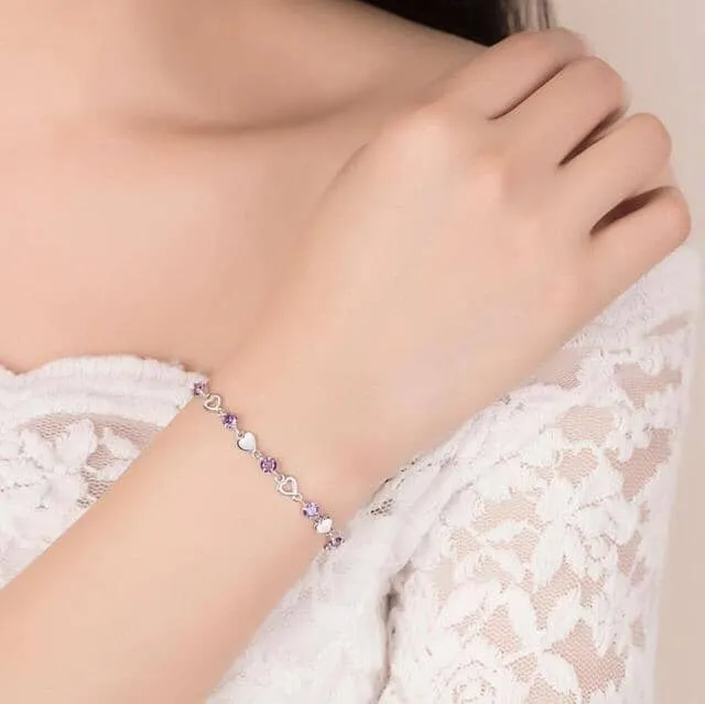 Love Heart Amethyst Chain Linked Bracelet - 925 Sterling Silver