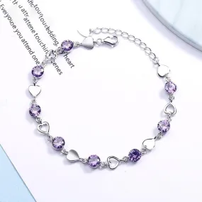 Love Heart Amethyst Chain Linked Bracelet - 925 Sterling Silver