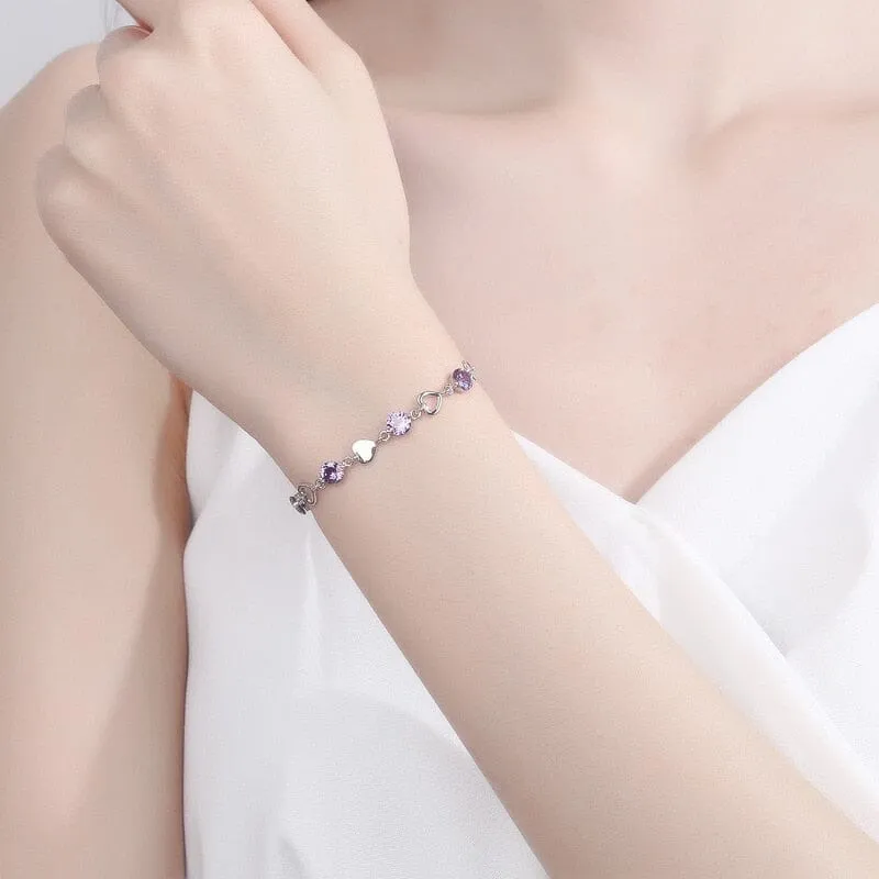 Love Heart Amethyst Chain Linked Bracelet - 925 Sterling Silver