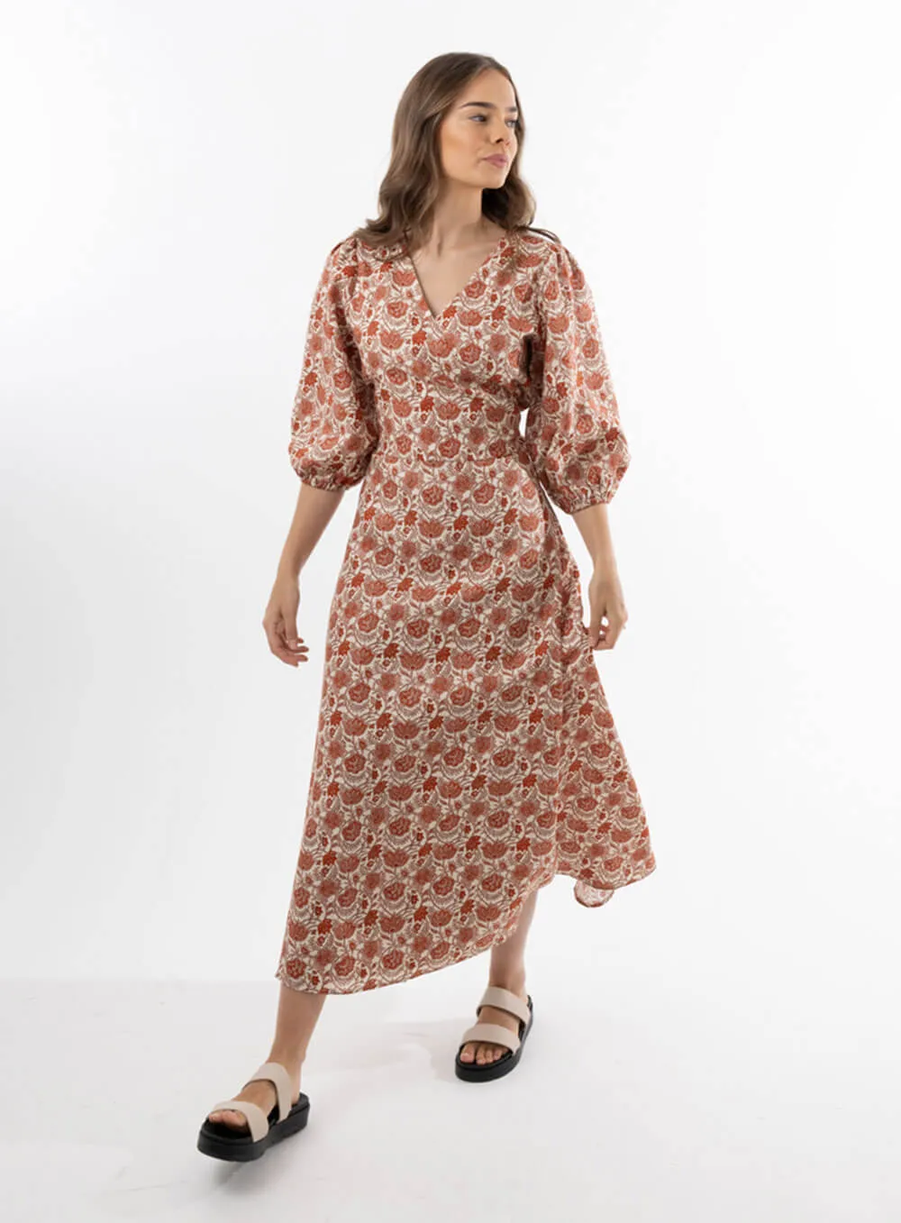 Lydia Linen Wrap Dress-Paisley Red