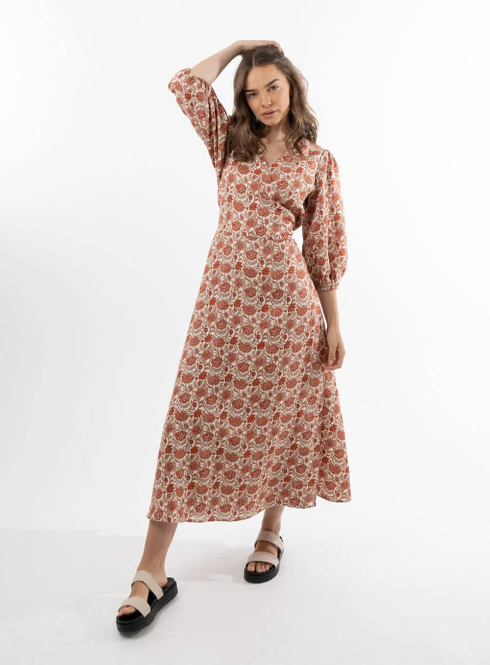 Lydia Linen Wrap Dress-Paisley Red