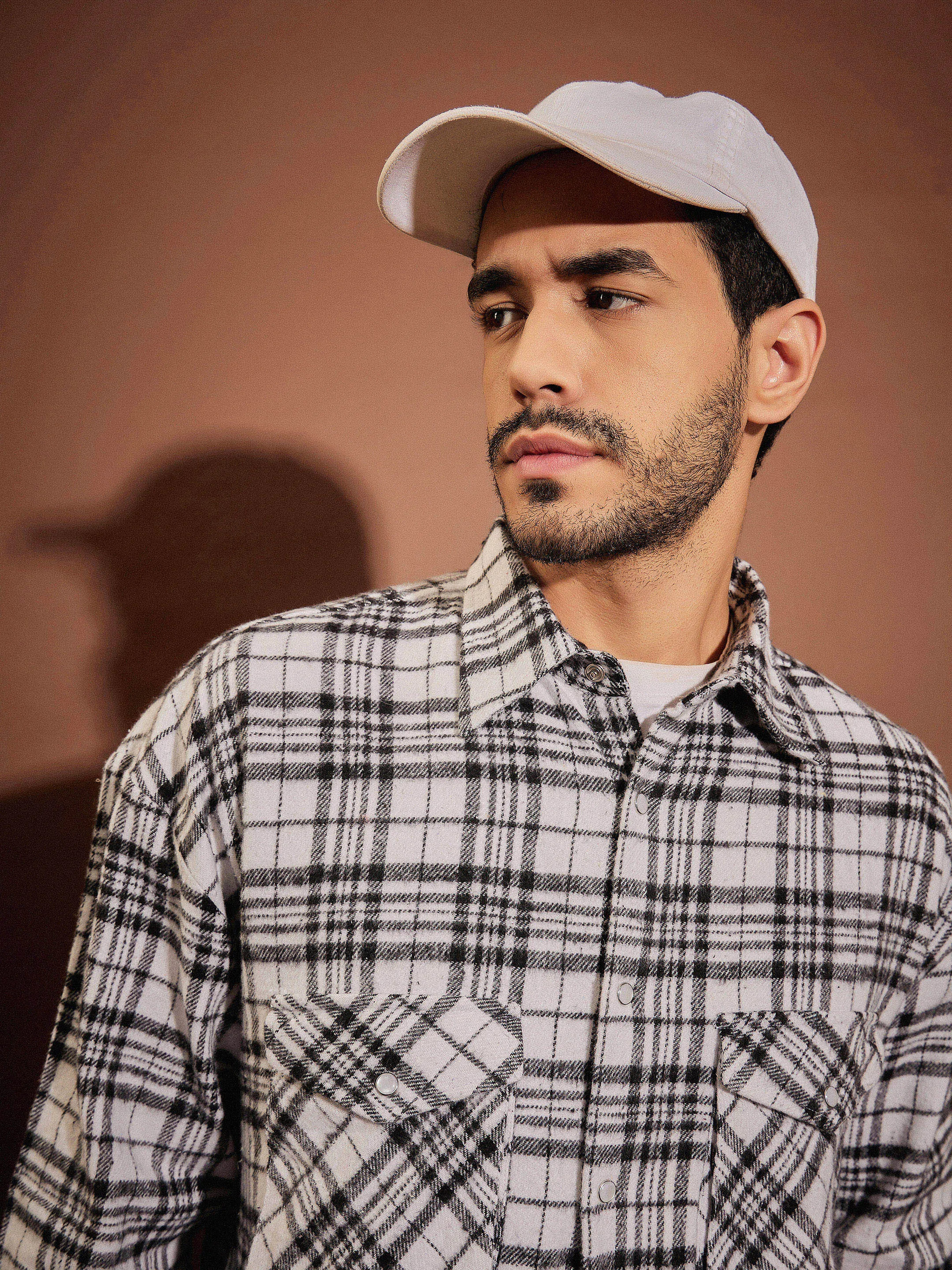 Men Black & White Check Box Pocket Oversized Shirt