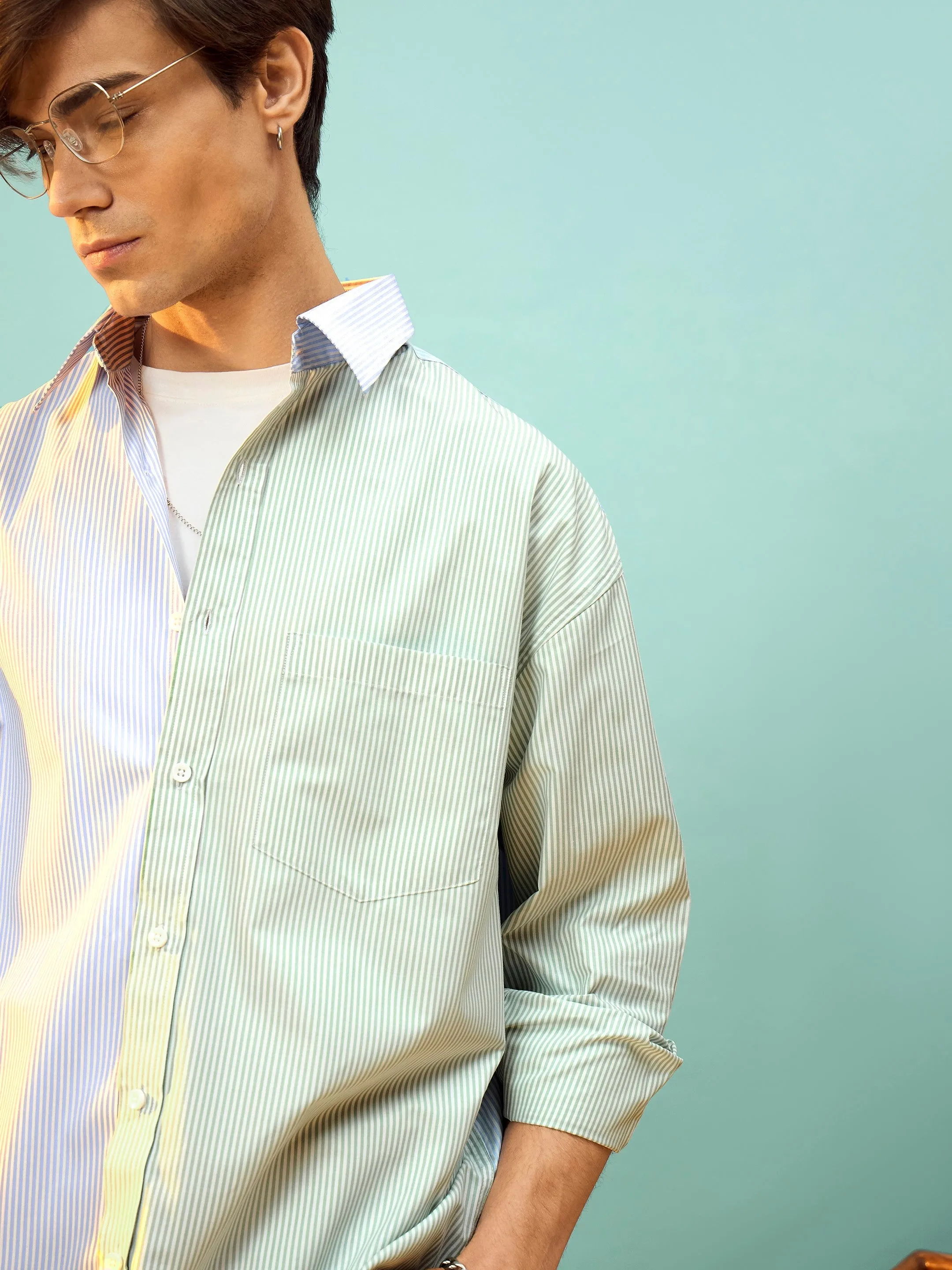 Men Blue & White Stripe Colour Block Oversize Shirt