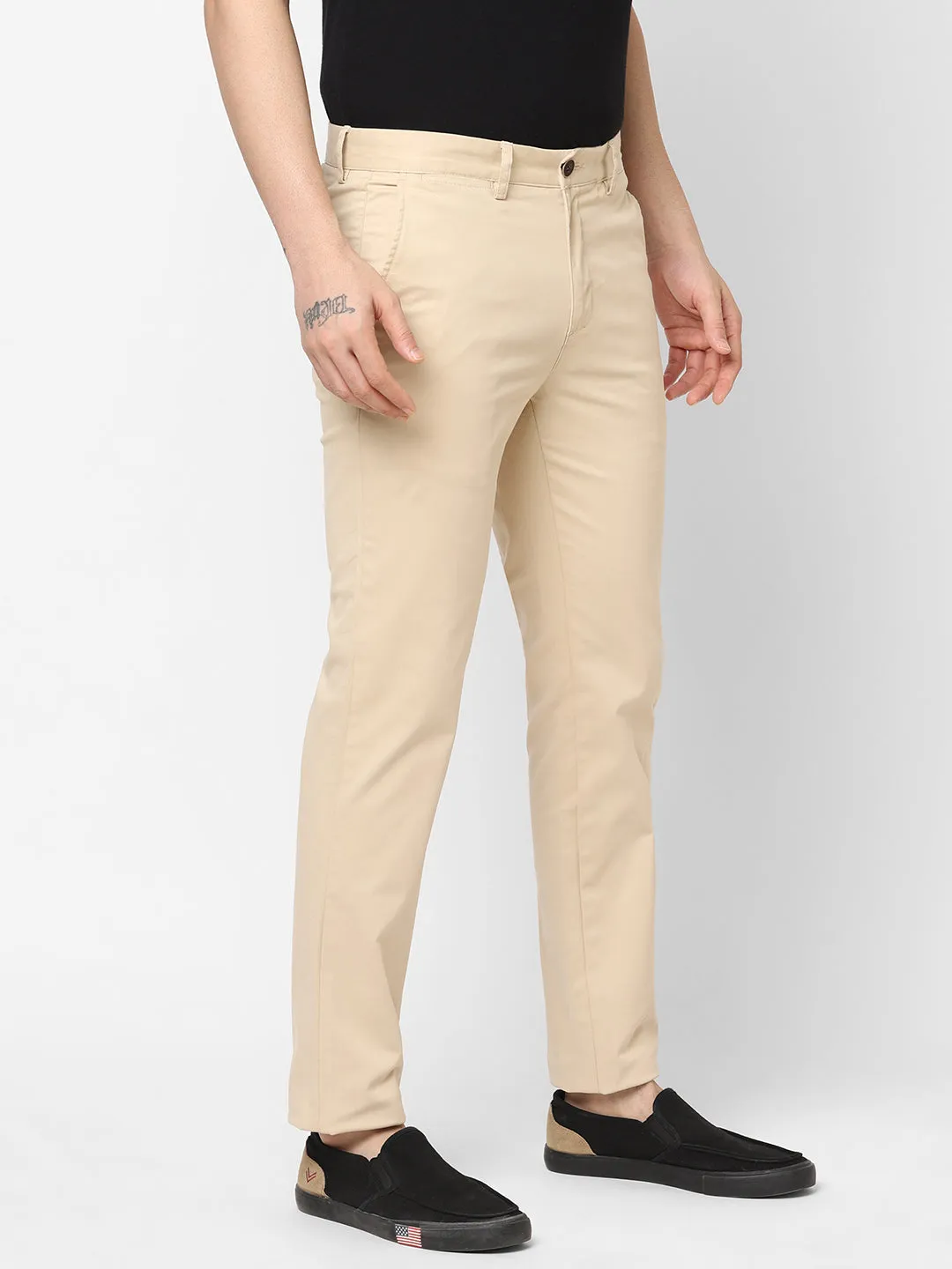 Men's Beige Cotton Lycra Slim Fit Pant