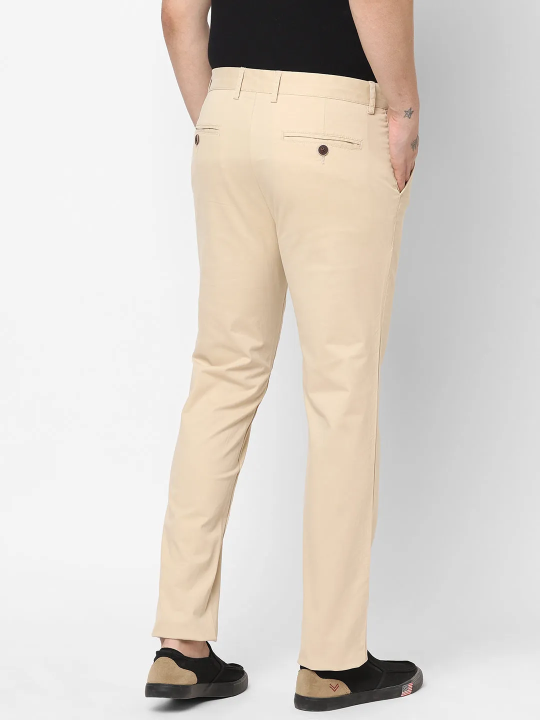 Men's Beige Cotton Lycra Slim Fit Pant