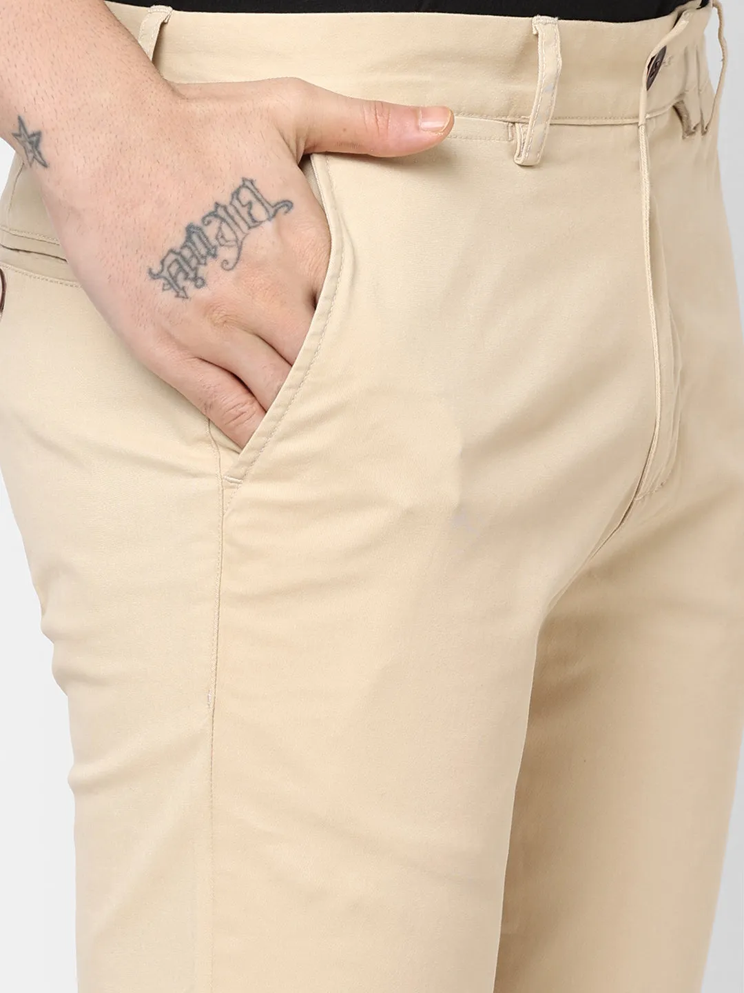 Men's Beige Cotton Lycra Slim Fit Pant