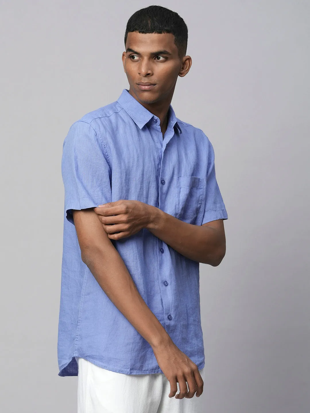 Men's Blue 100% Linen Regular Fit Short Sleeved Shirt