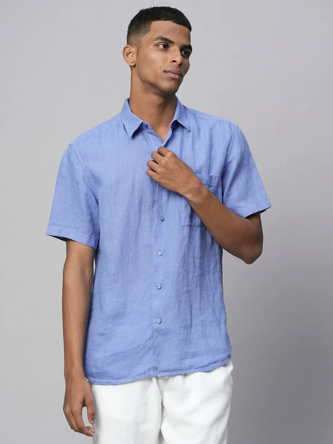 Men's Blue 100% Linen Regular Fit Short Sleeved Shirt