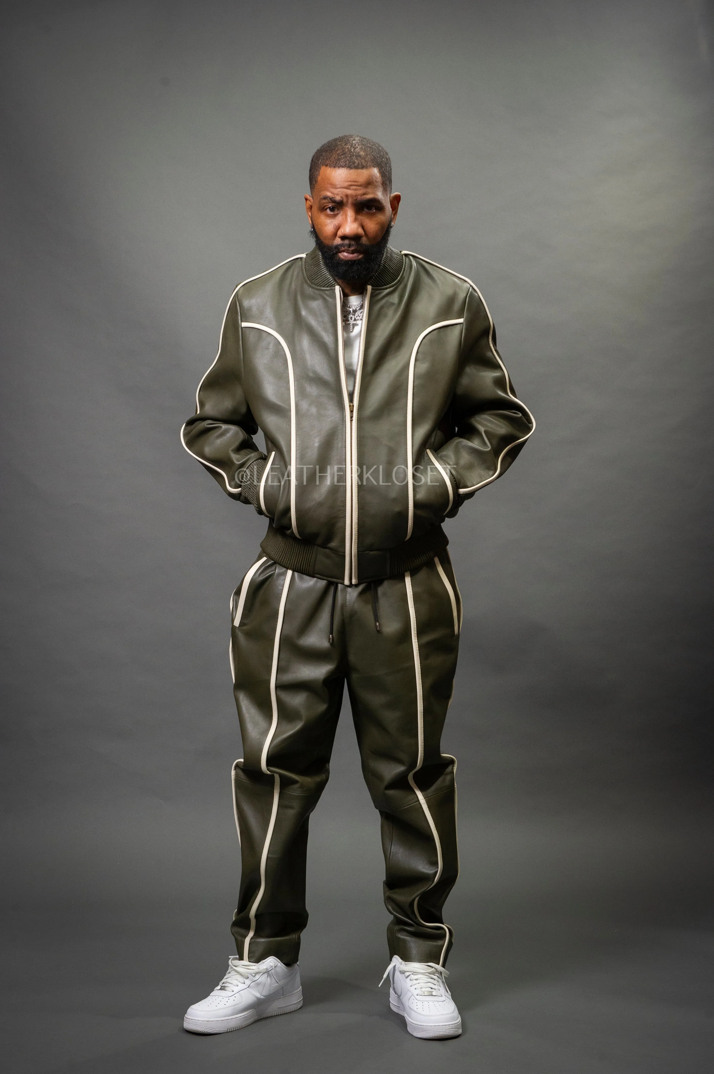 Men's Brayden Leather Track Suit Sweatsuit [Olive/Beige]