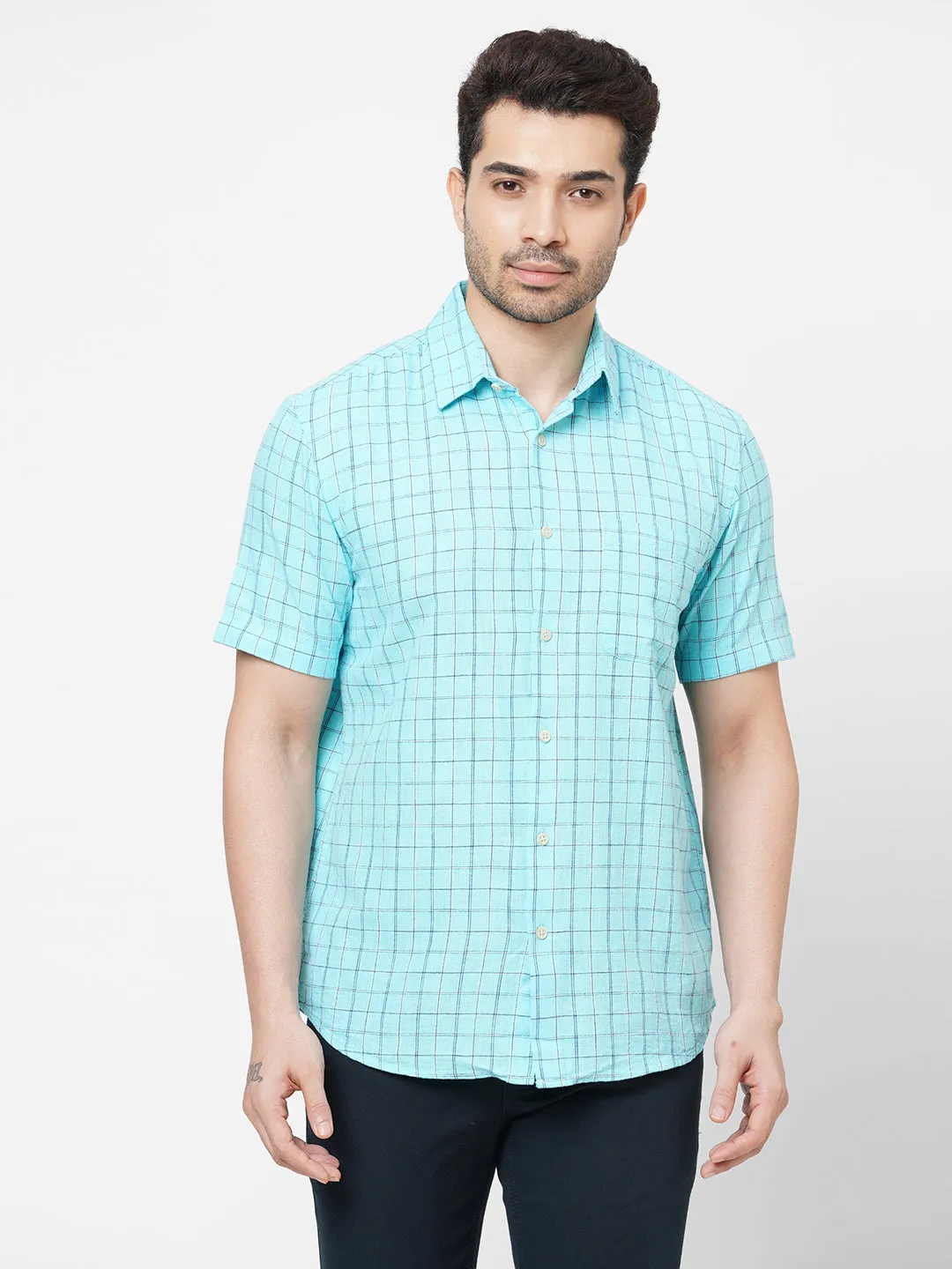 Men's Mint Cotton Regular Fit Checked Shirt