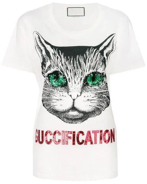 'Mystic Cat' Fication Printed Embellished Cotton T-Shirt