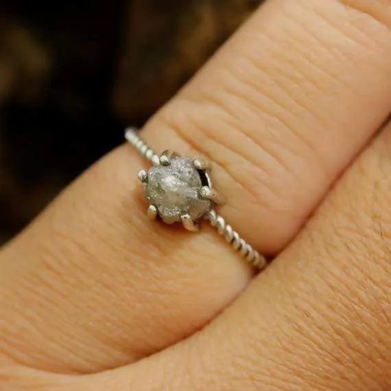 Natural grey color rough diamond ring in prongs setting with oxidized sterling silver twist design band