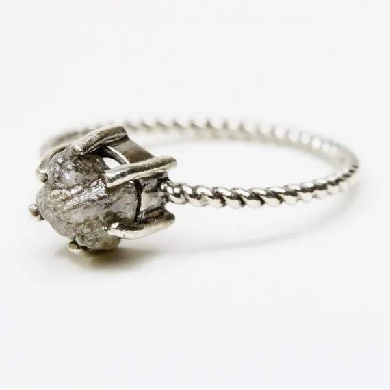 Natural grey color rough diamond ring in prongs setting with oxidized sterling silver twist design band