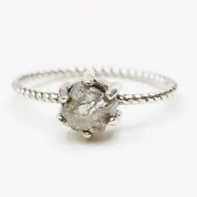 Natural grey color rough diamond ring in prongs setting with oxidized sterling silver twist design band