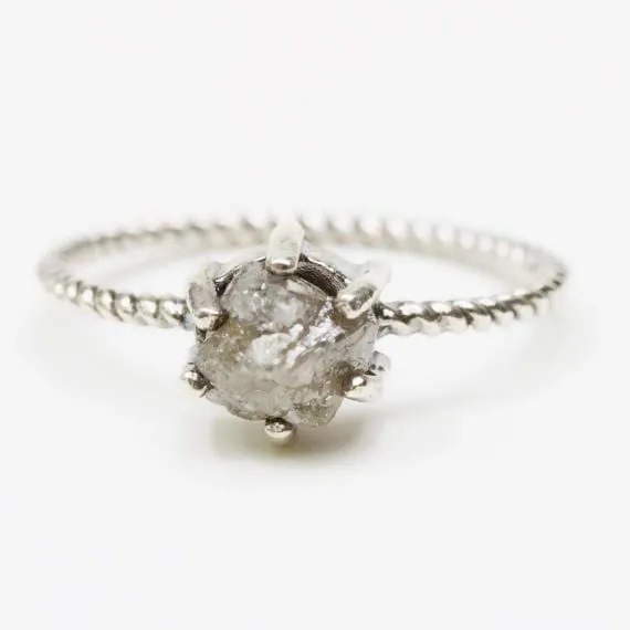 Natural grey color rough diamond ring in prongs setting with oxidized sterling silver twist design band