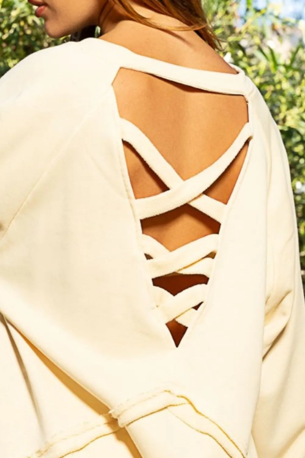 Open Back Cross Strap Balloon Sleeve Sweatshirt