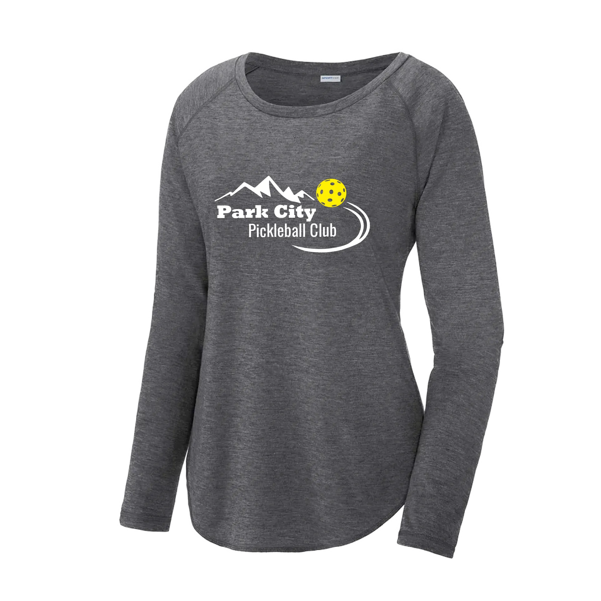 Park City Pickleball Club (White Words) Customizable | Women's Long Sleeve Scoop Neck Pickleball Shirts | 75/13/12 Poly/Cotton/Rayon