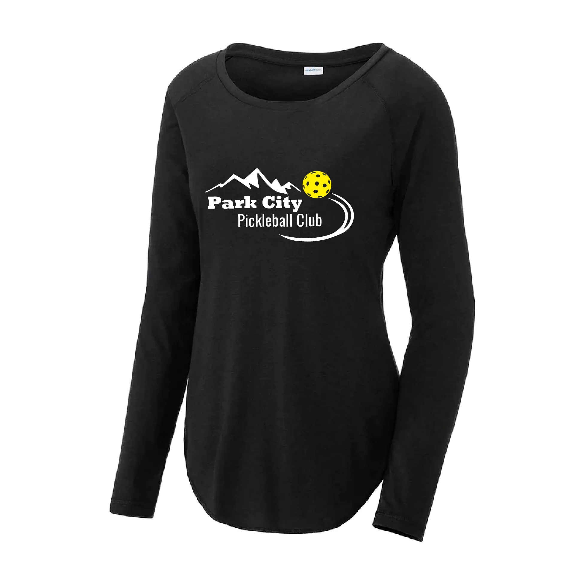 Park City Pickleball Club (White Words) Customizable | Women's Long Sleeve Scoop Neck Pickleball Shirts | 75/13/12 Poly/Cotton/Rayon