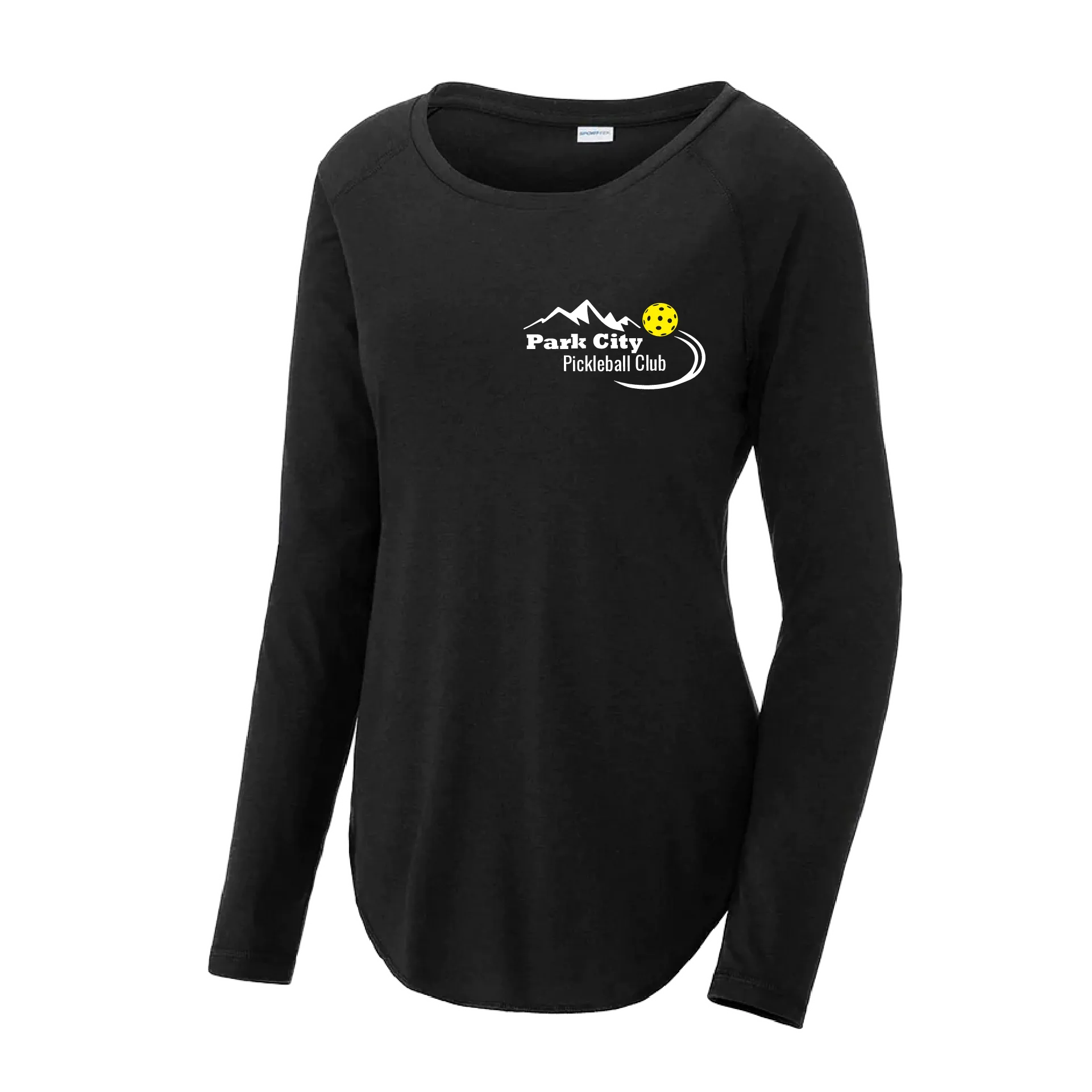 Park City Pickleball Club (White Words) Customizable | Women's Long Sleeve Scoop Neck Pickleball Shirts | 75/13/12 Poly/Cotton/Rayon