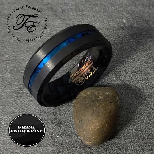 Personalized Men's Promise Ring Band Grooved Thin Blue Line