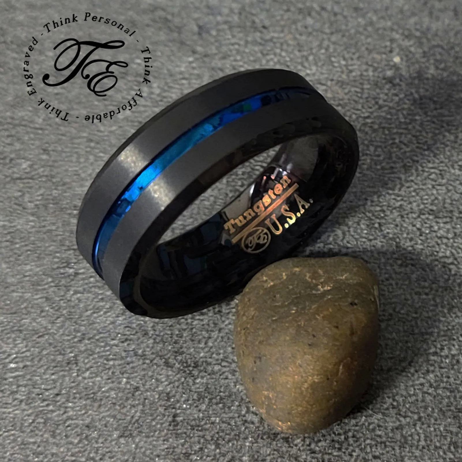 Personalized Men's Promise Ring Band Grooved Thin Blue Line