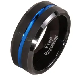 Personalized Men's Promise Ring Band Grooved Thin Blue Line