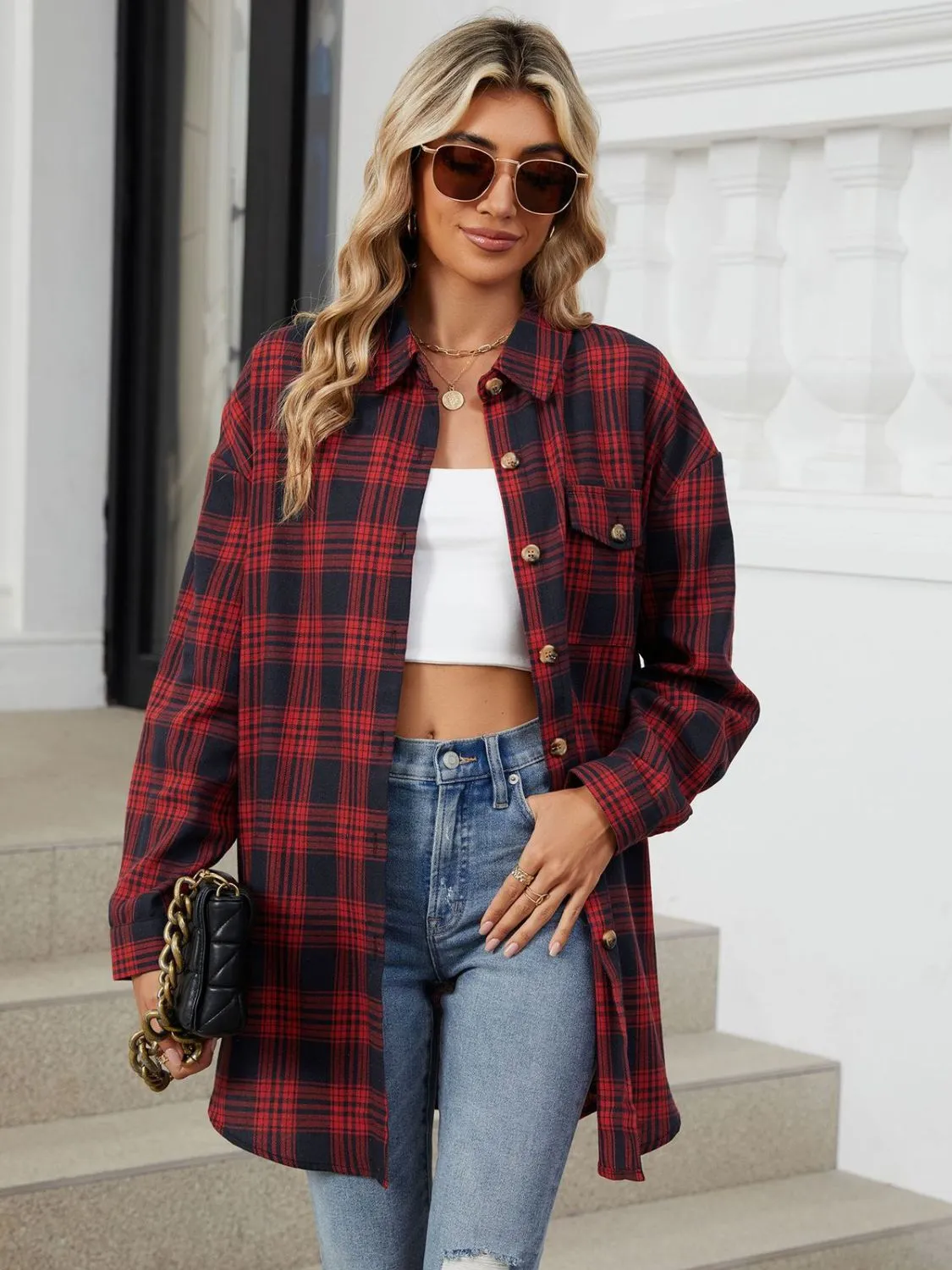 Plaid Collared Neck Long Sleeve Shirt