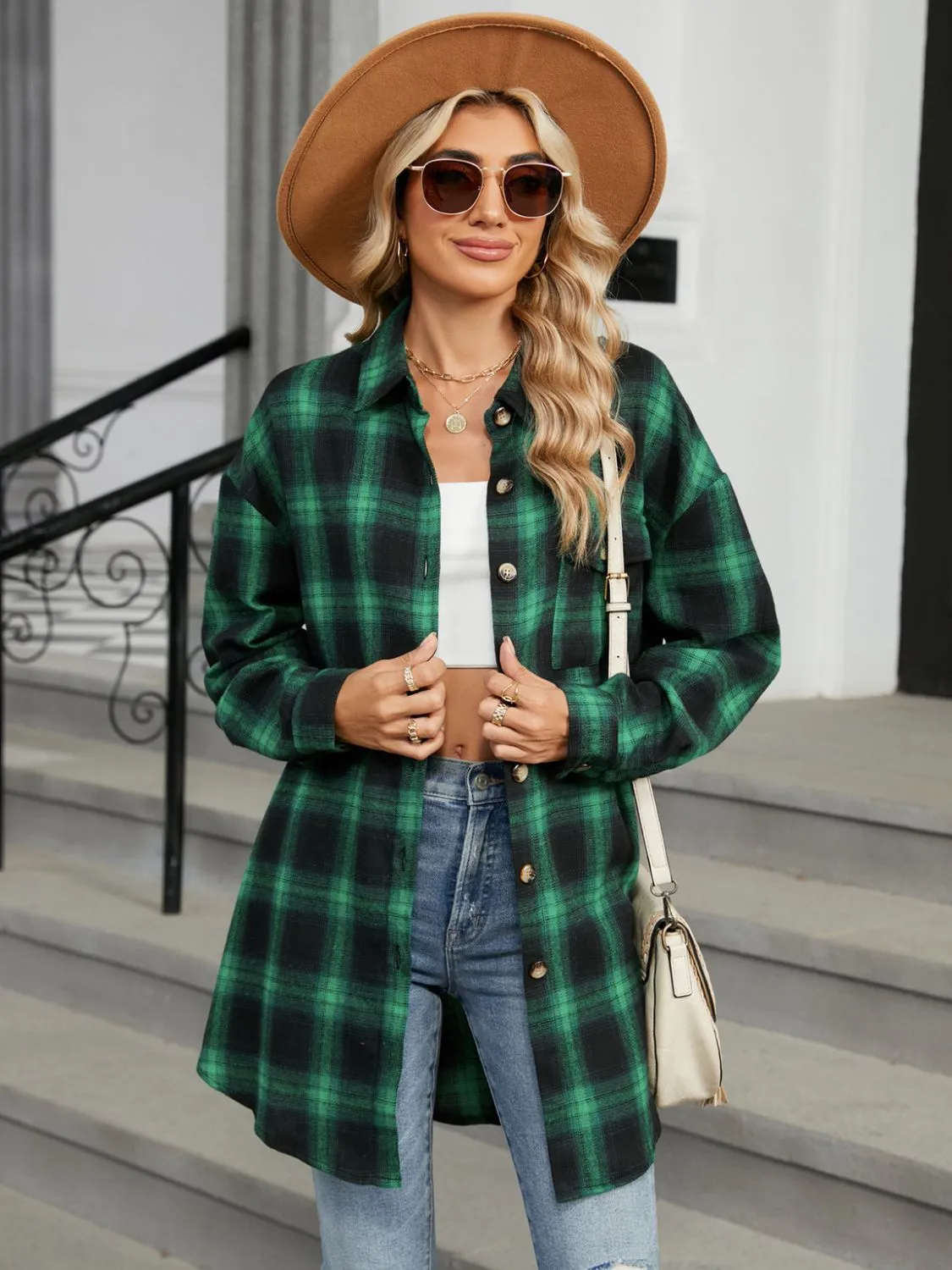 Plaid Collared Neck Long Sleeve Shirt