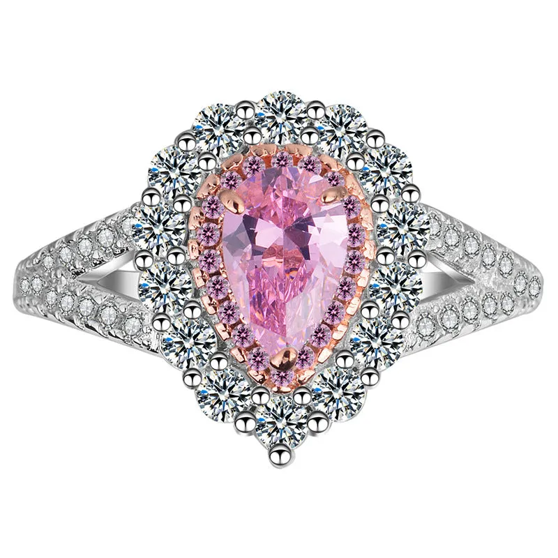 Platinum Plated Pink Cubic Zirconia Pear Ring