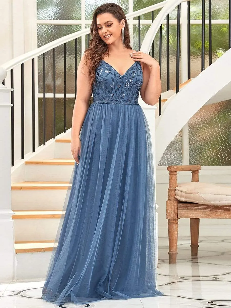 Plus Size Soft Spaghetti Straps V-Neck Embroidery Evening Dress