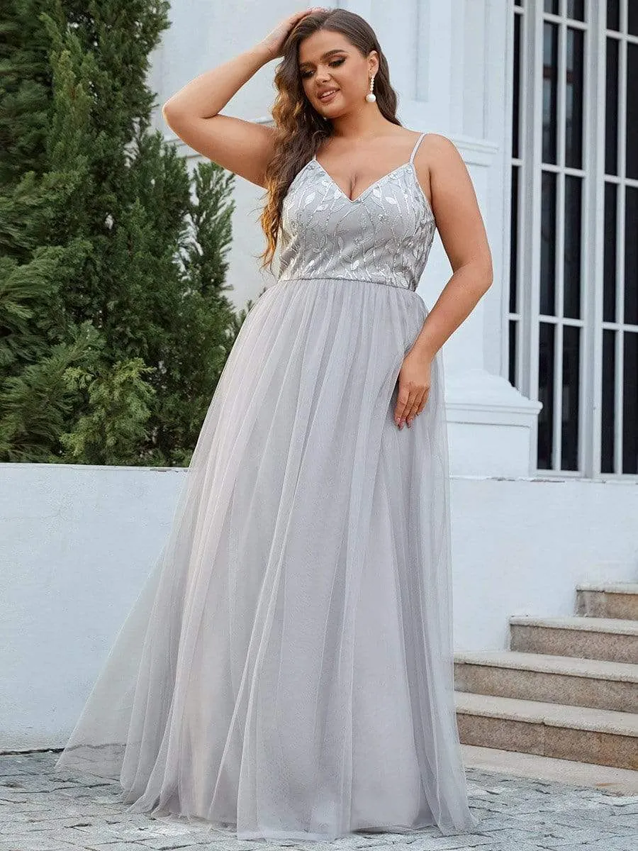 Plus Size Soft Spaghetti Straps V-Neck Embroidery Evening Dress