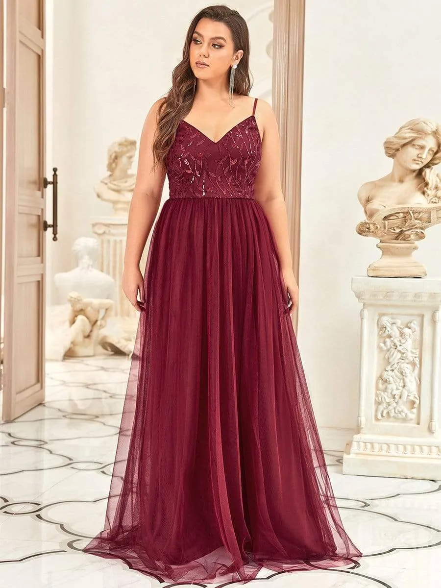 Plus Size Soft Spaghetti Straps V-Neck Embroidery Evening Dress