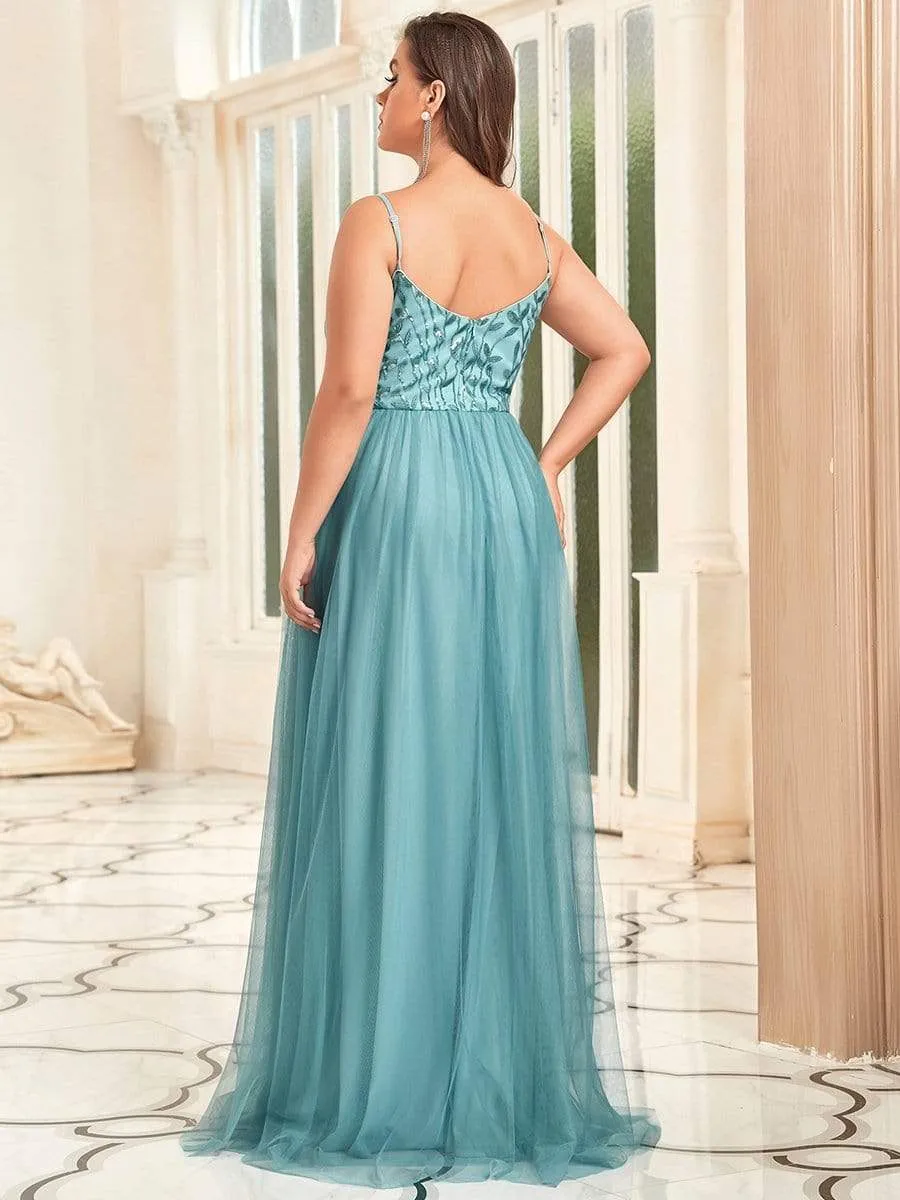 Plus Size Soft Spaghetti Straps V-Neck Embroidery Evening Dress