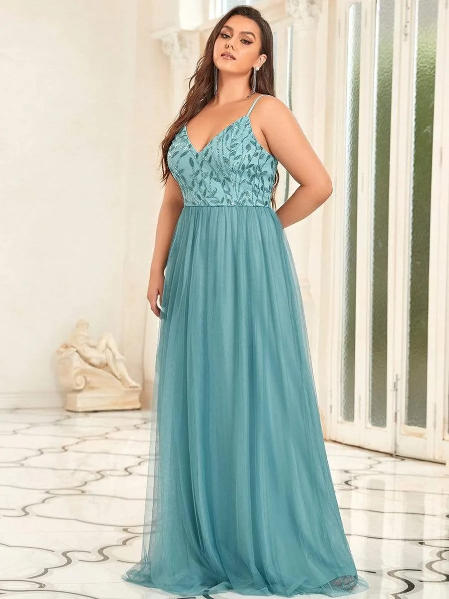 Plus Size Soft Spaghetti Straps V-Neck Embroidery Evening Dress