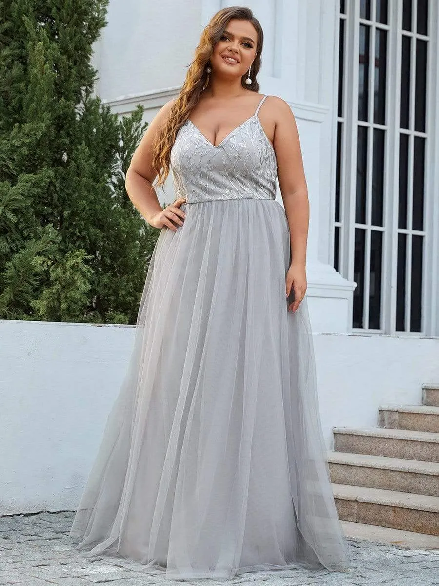 Plus Size Soft Spaghetti Straps V-Neck Embroidery Evening Dress