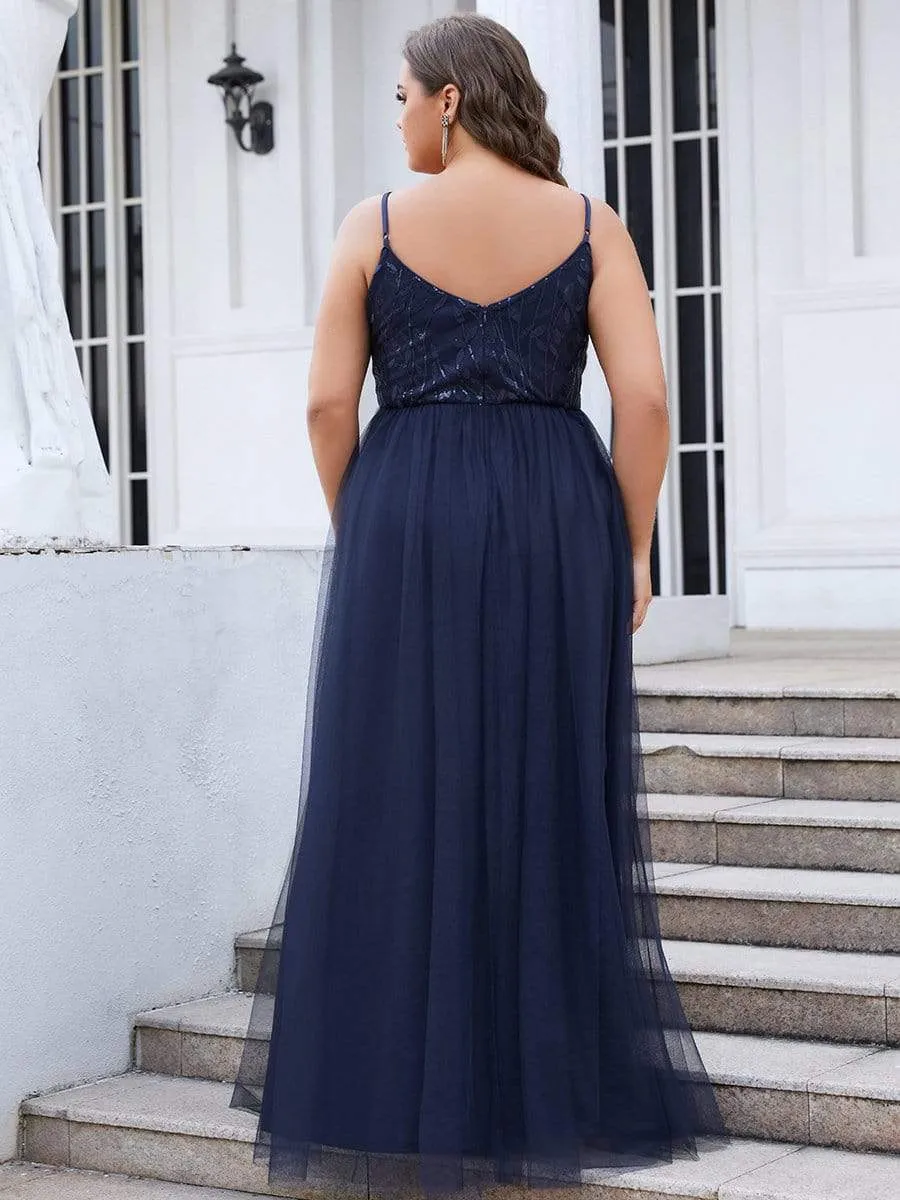 Plus Size Soft Spaghetti Straps V-Neck Embroidery Evening Dress