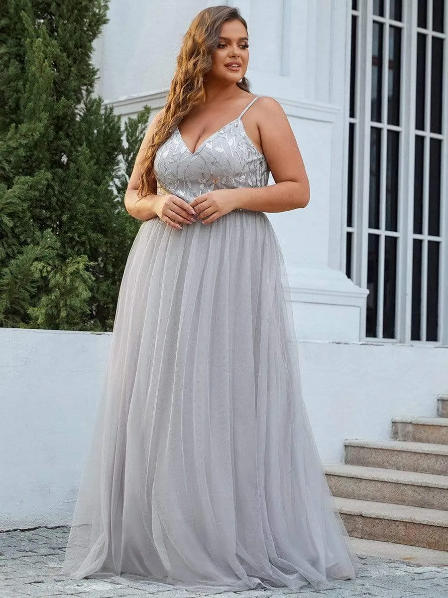 Plus Size Soft Spaghetti Straps V-Neck Embroidery Evening Dress