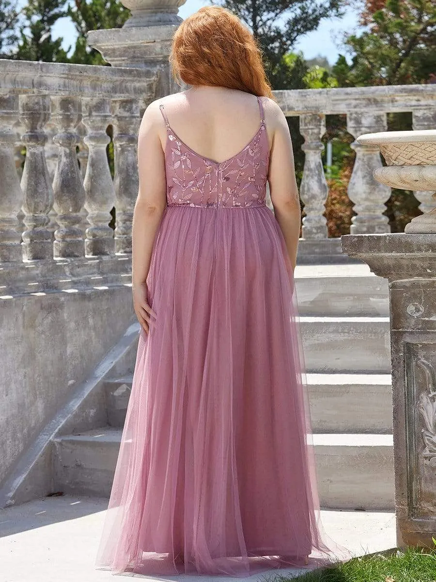 Plus Size Soft Spaghetti Straps V-Neck Embroidery Evening Dress