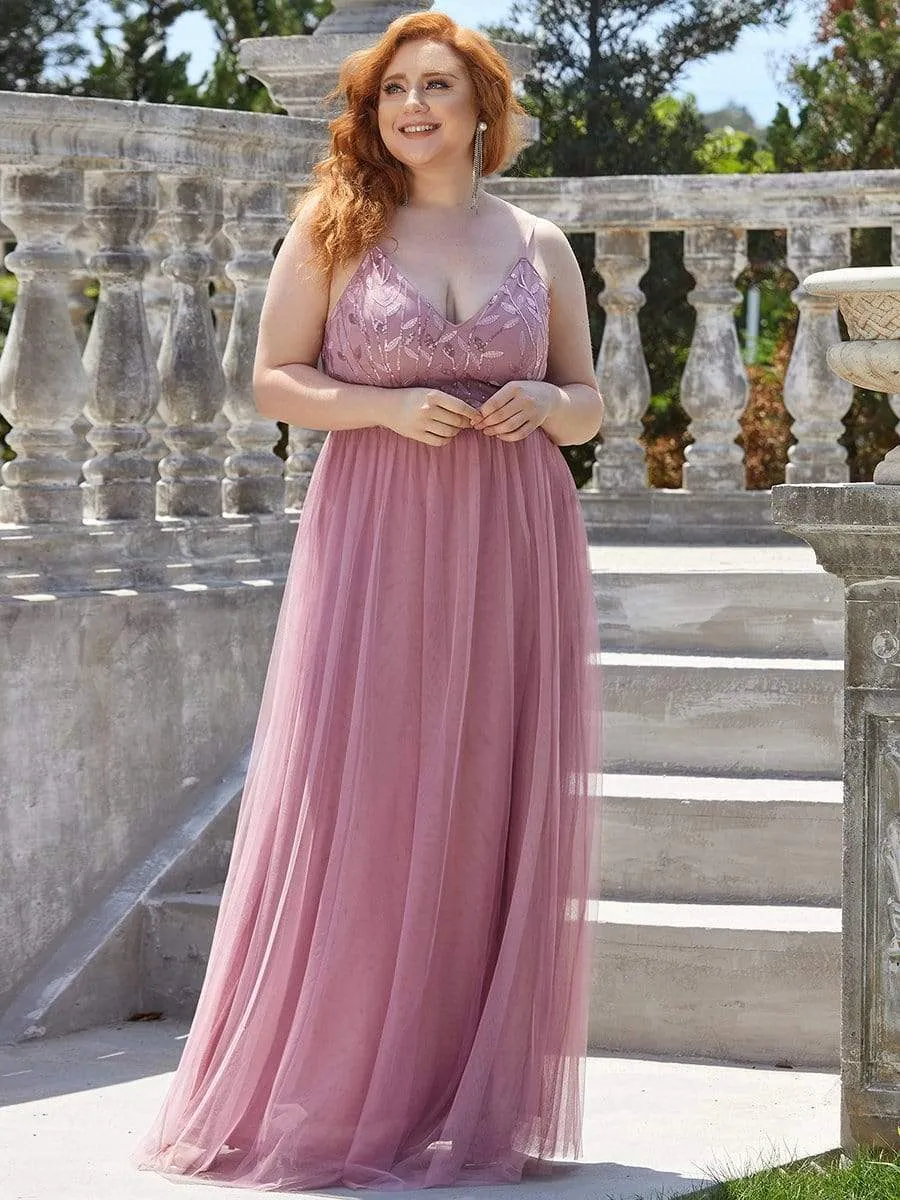 Plus Size Soft Spaghetti Straps V-Neck Embroidery Evening Dress