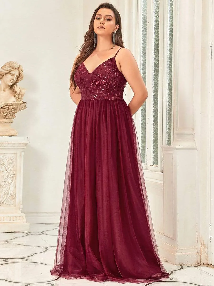 Plus Size Soft Spaghetti Straps V-Neck Embroidery Evening Dress